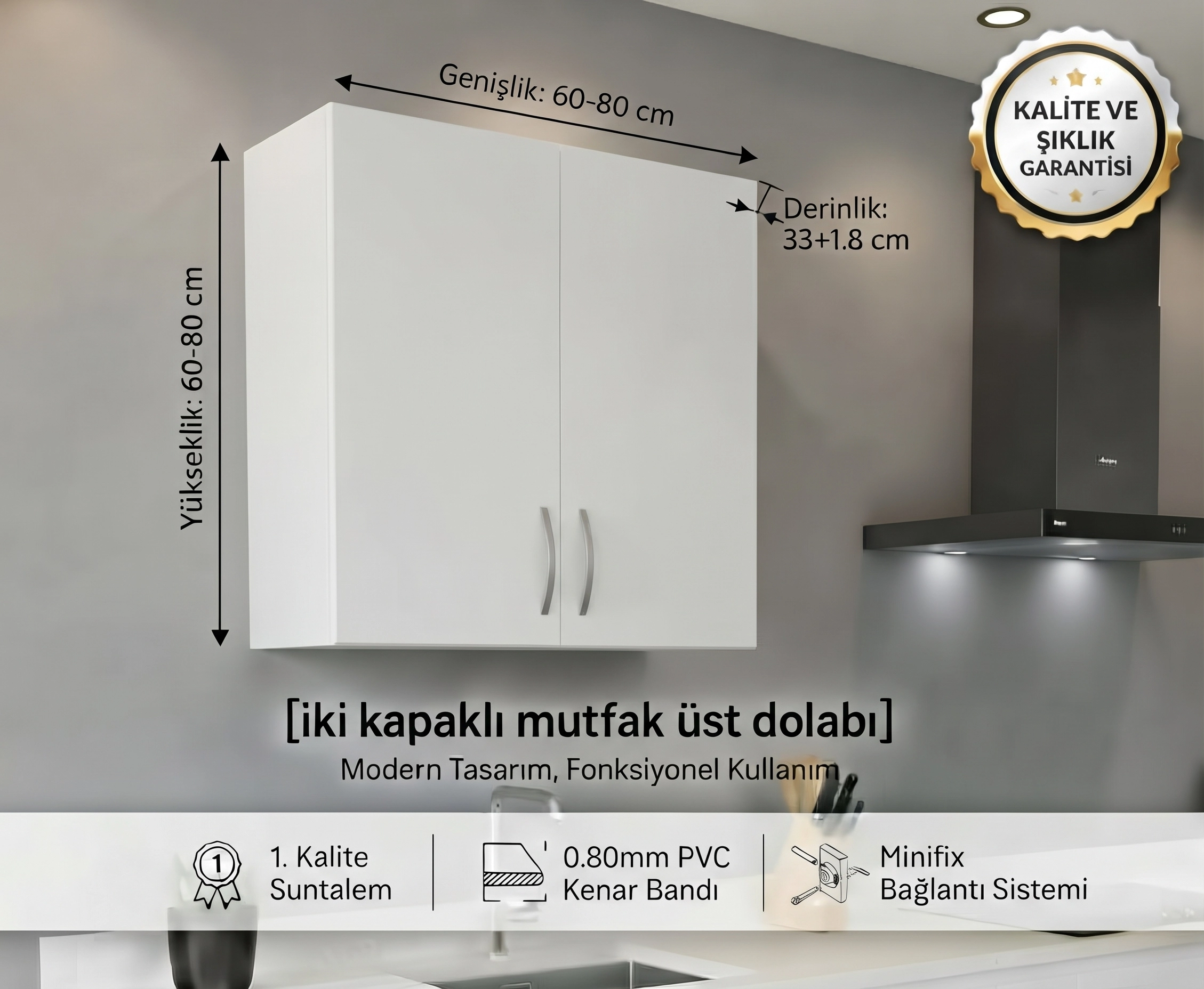 İki Kapaklı Mutfak Üst Dolap Beyaz