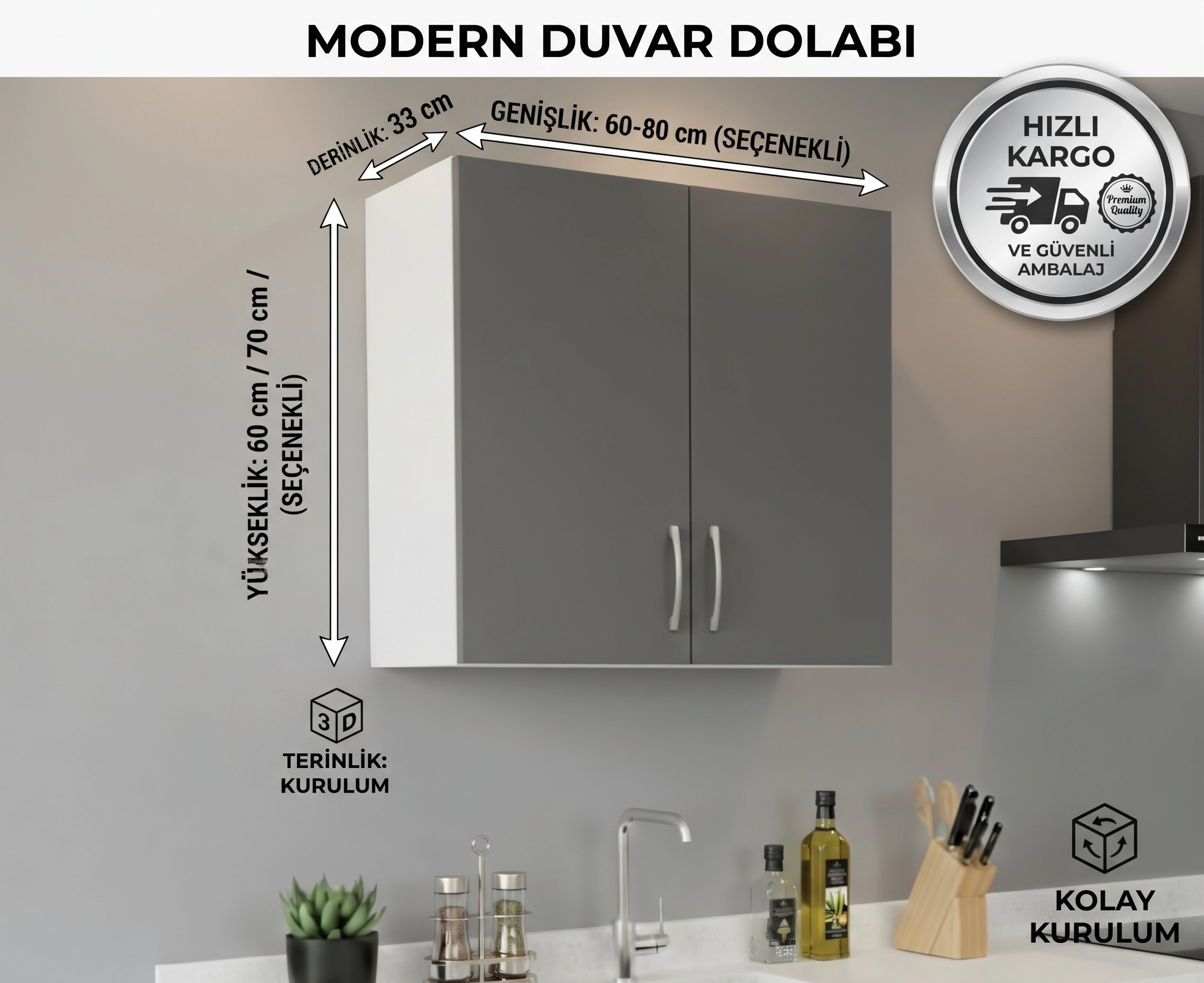 İki Kapaklı Mutfak Üst Dolap Antrasit Gri