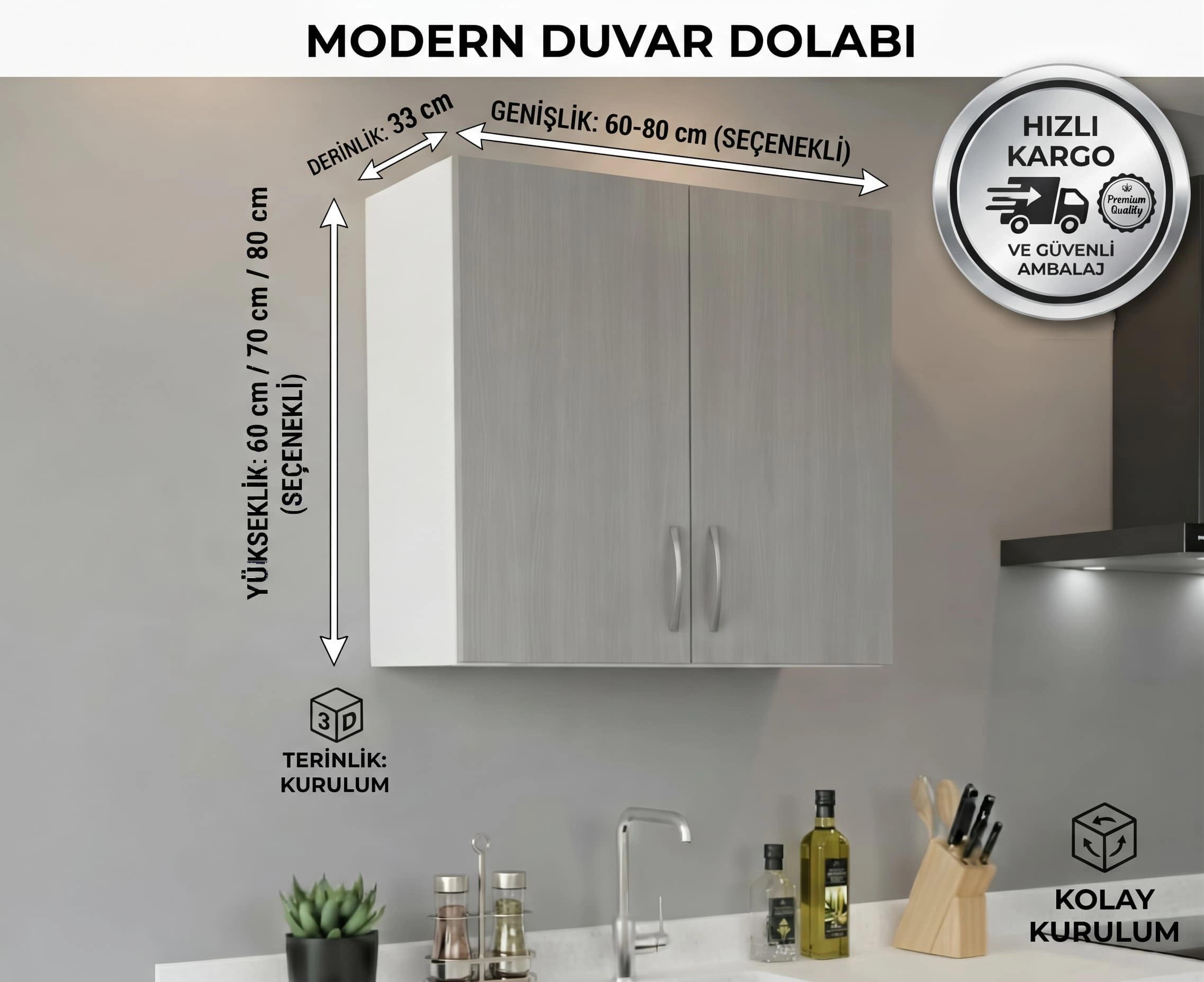 İki Kapaklı Mutfak Üst Dolap Ofis Gri