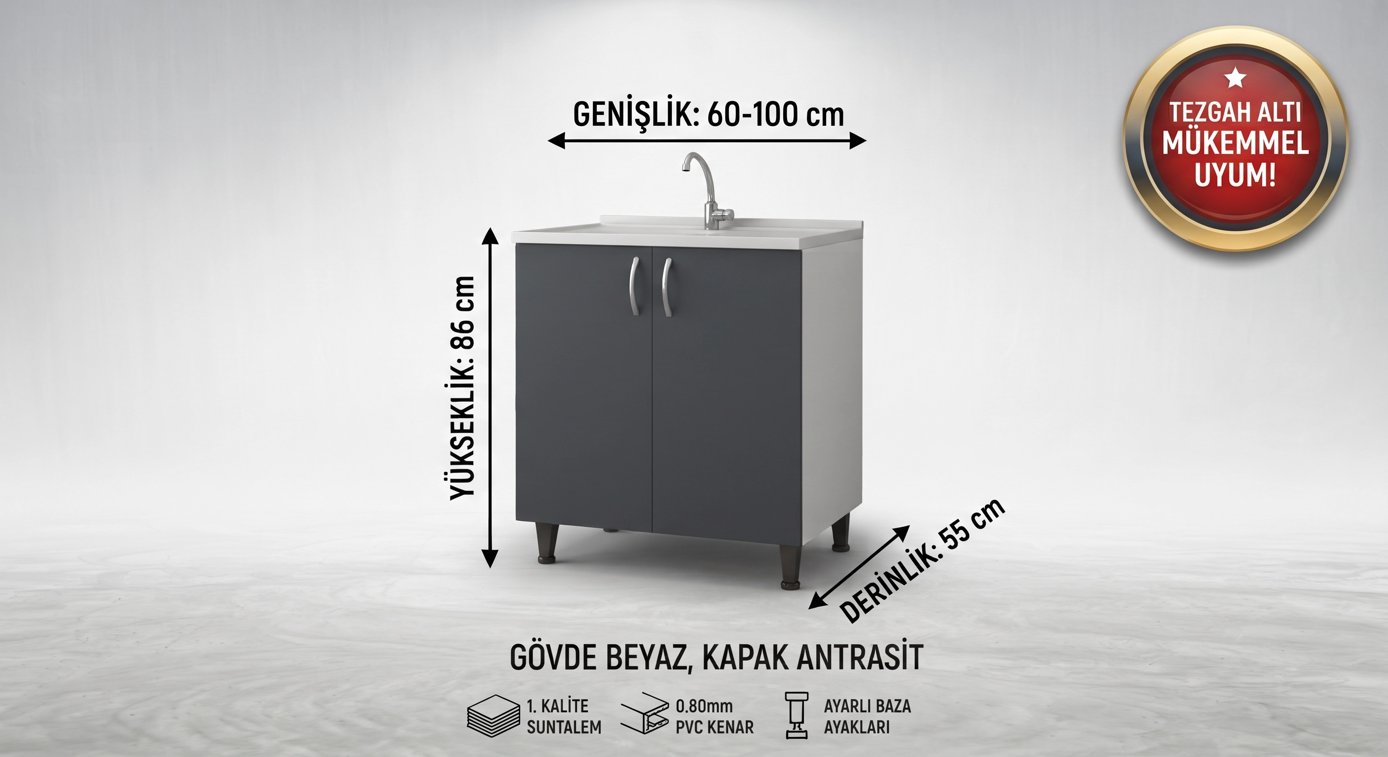 Mutfak Evye Dolabı Antrasit Gri