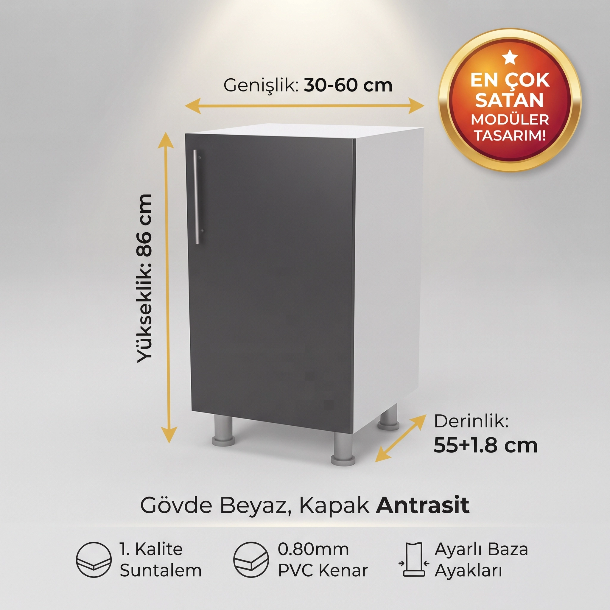 Mutfak Alt Dolabı Raflı Antrasit Gri